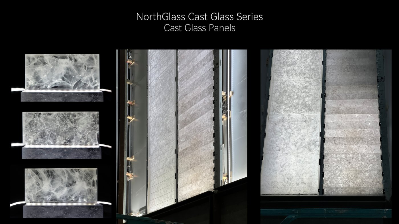 Cast glass. A new plant using lead-free K9-grade crystal and moulds that hold above 800 degrees, running close to 300 square metres a day in textures and colours meant to be backlit.