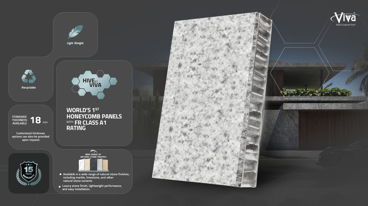 Stone at six millimetres. Cut thin and bonded to a honeycomb core so the elevation reads as stone while the programme behaves like cladding.