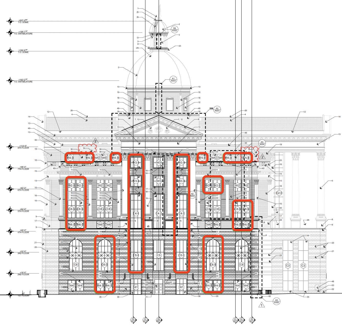 Marked in red. The operable windows sit about every fifty feet, in much the same configuration on all four elevations.