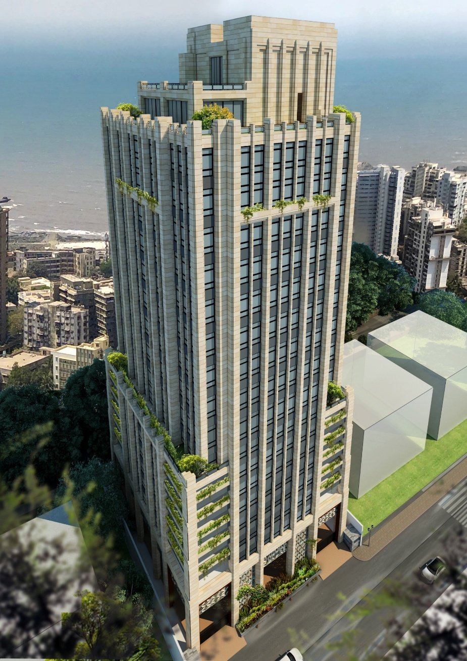 Worli, first response. Vertical stone fins, recessed glass panels and layered setbacks abstract deco principles rather than replicating its ornament.