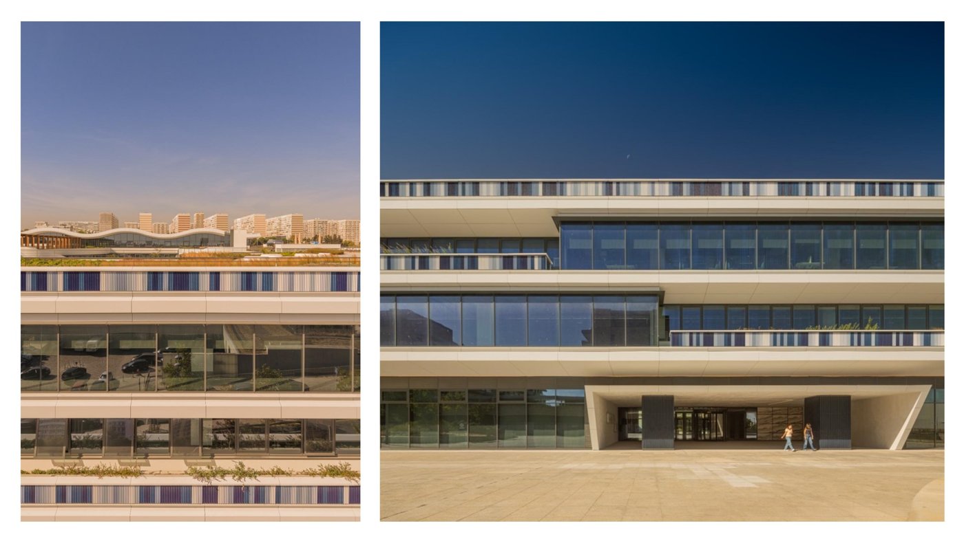 Façade detail with recessed shaded planes, balconies and bay windows