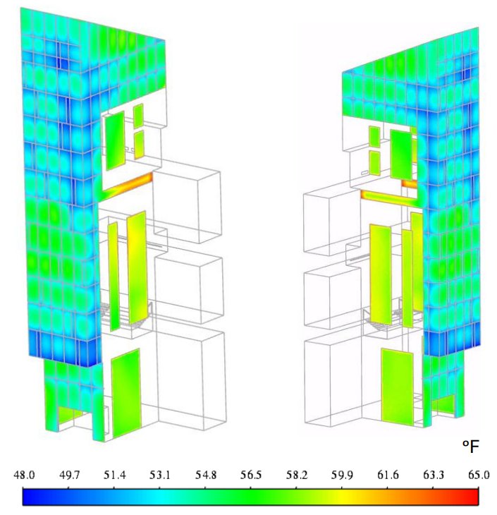 Where the warm air does not reach. Paparo said the CFD showed warm air pushed away from the glass, leaving the façade cold at the bottom and again at the top.