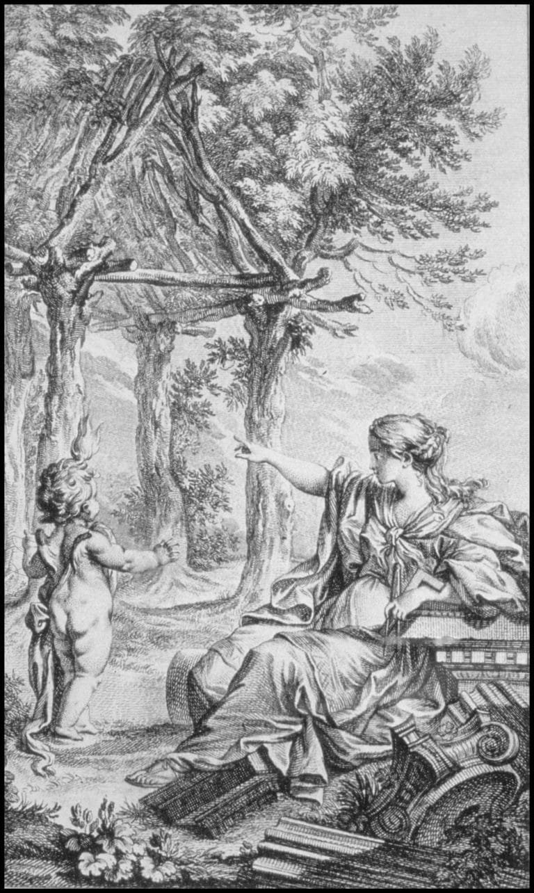 Eighteenth-century engraving of an allegorical figure pointing to a primitive hut