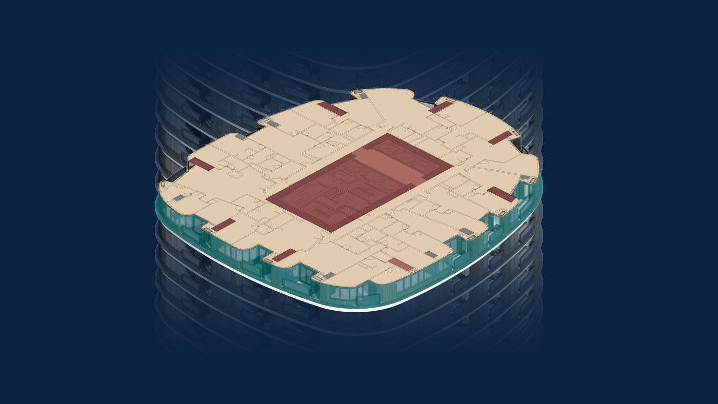 The tier that cannot move. The core and the main structure, locked from the beginning together with the outline and extent of the floor plate itself.
