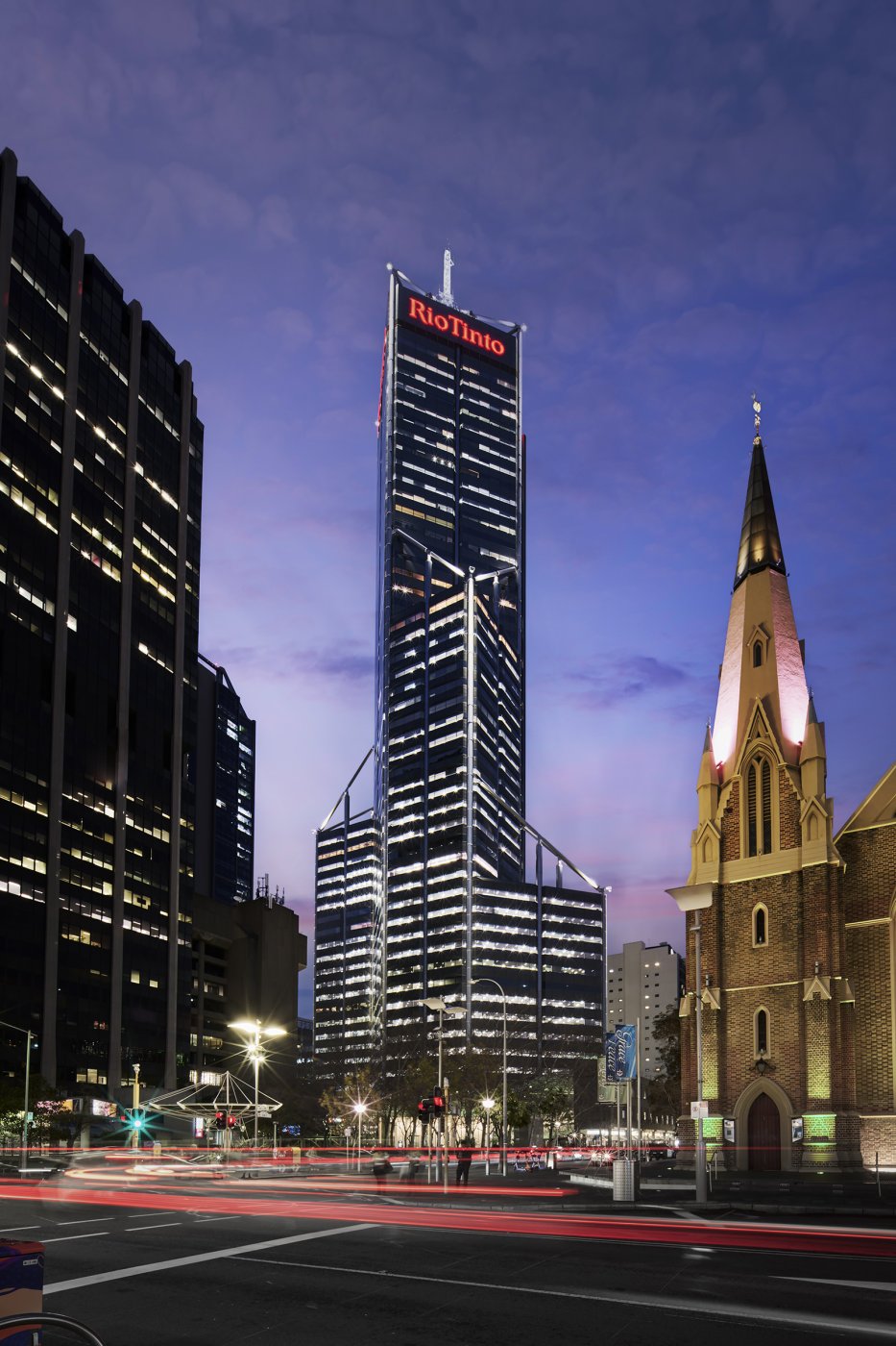 Perth’s tallest, repositioned. Every composite panel removed and more than 7,000 replaced, the desaturated bronze picking up warm sky reflections in the evening.