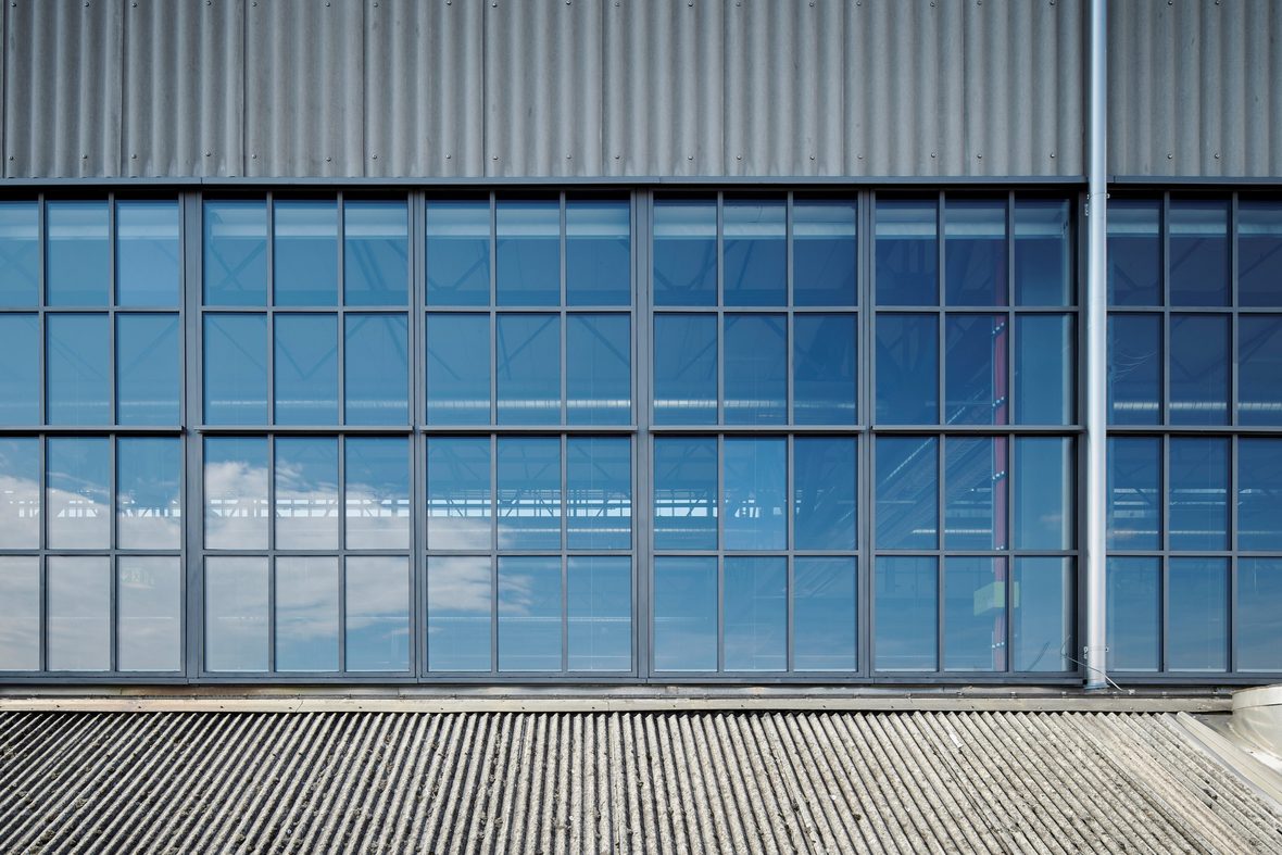 A large steel-framed glass curtain wall