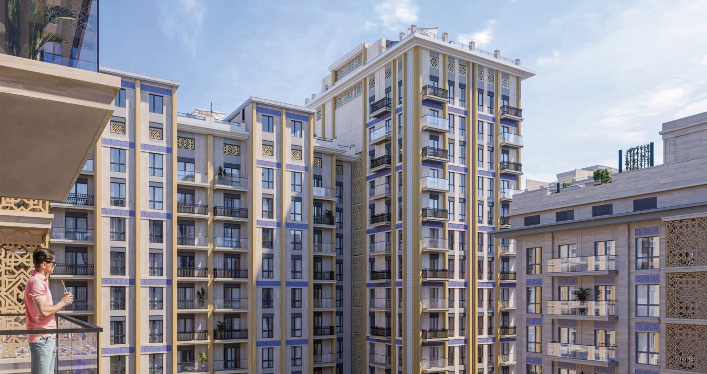 Residential blocks in cream panels with blue majolica inserts and pierced ornamental screens