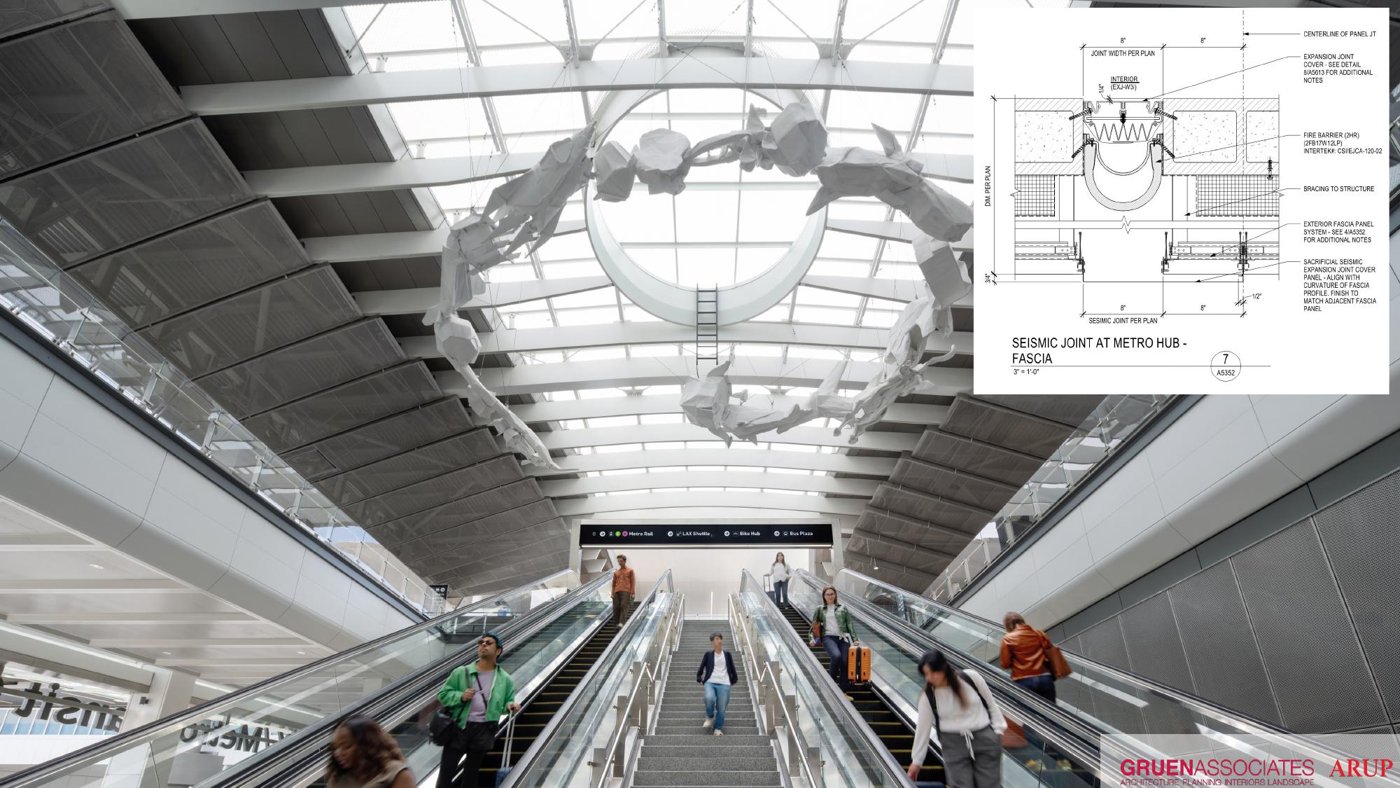 Perforated stainless-steel rain-screen panels lining a station concourse