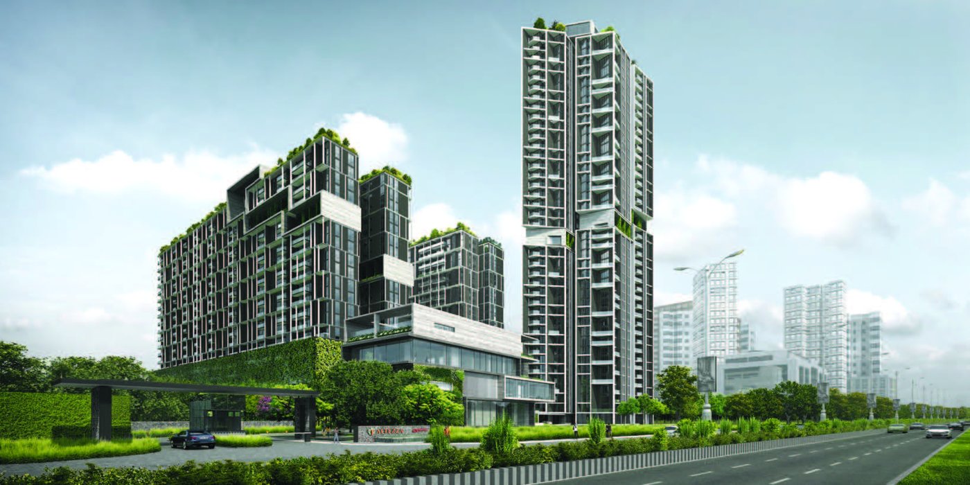 Residential tower with cascading planted terraces