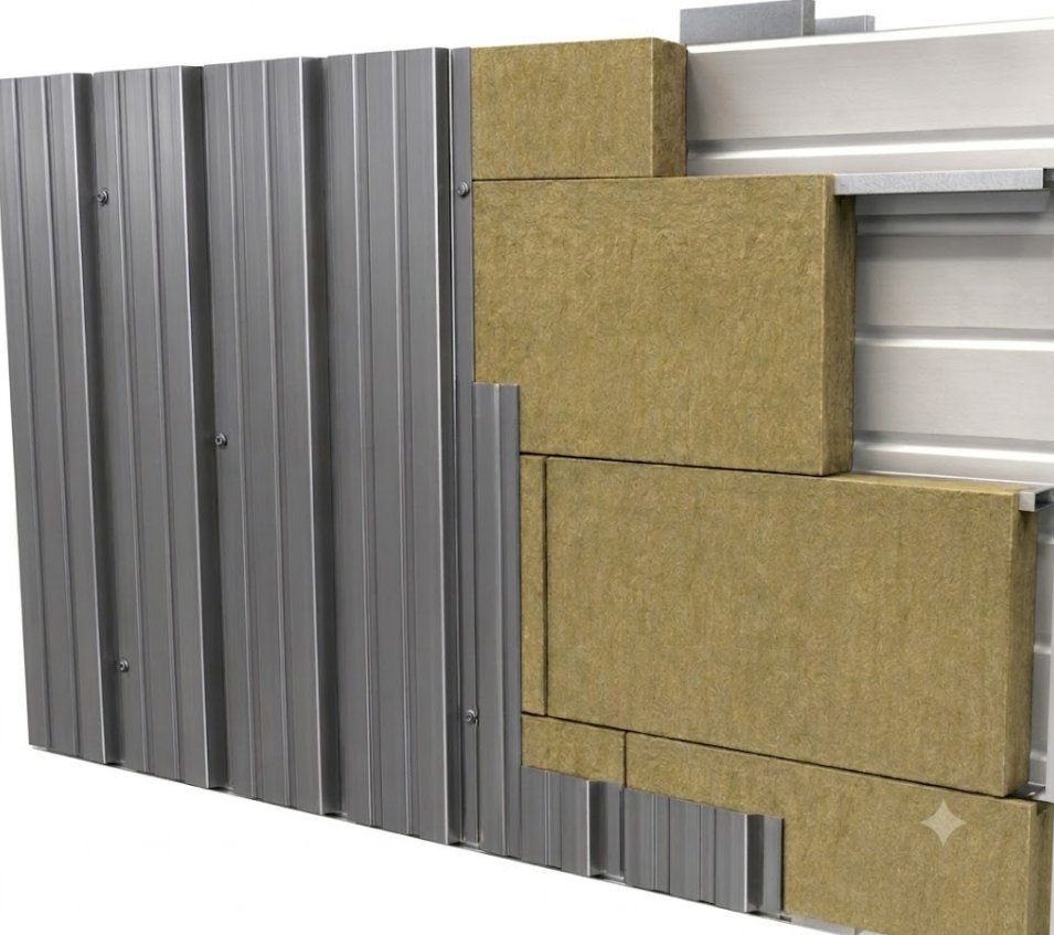 Stonewool insulation behind a ventilated rainscreen façade buildup