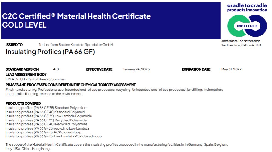 Cradle to Cradle Gold material-health certificate for polyamide insulating profiles