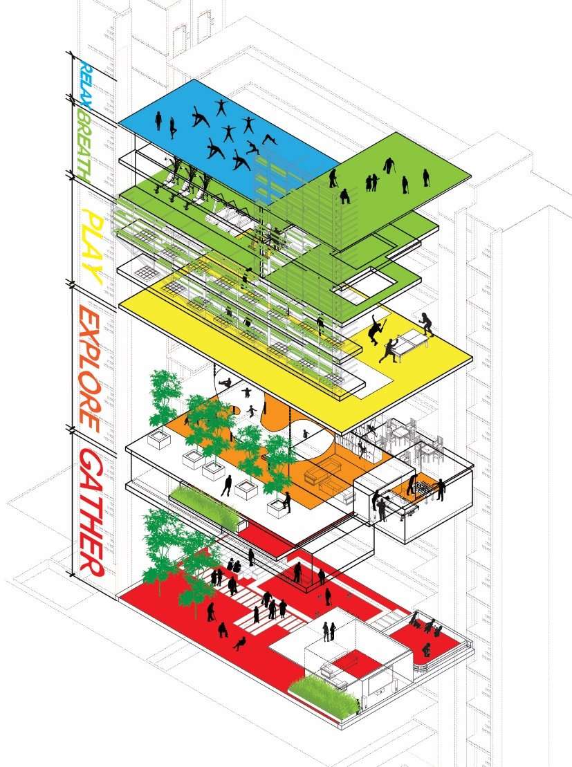 Exploded axonometric of a tower with colour-coded programme levels