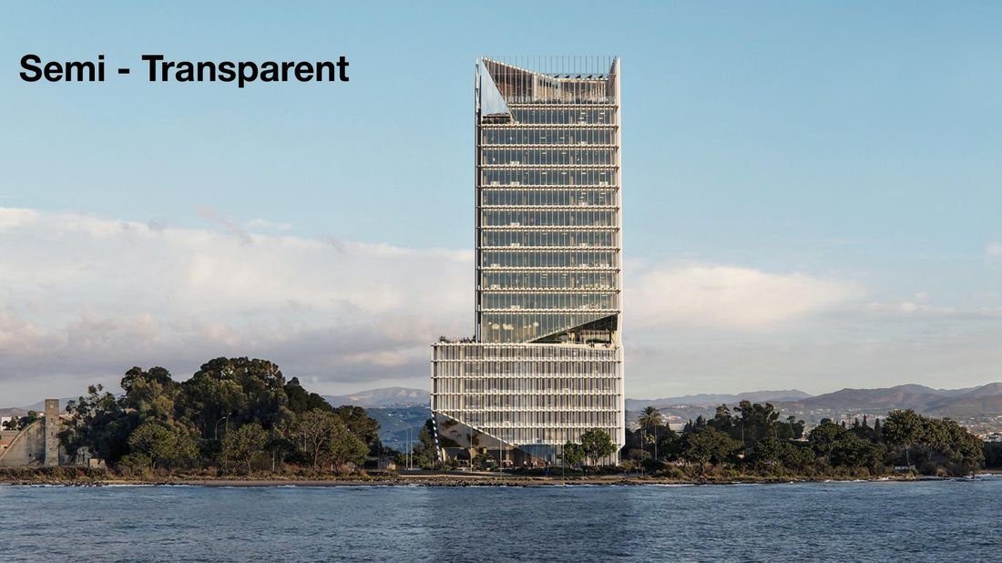 A semi-transparent waterfront tower