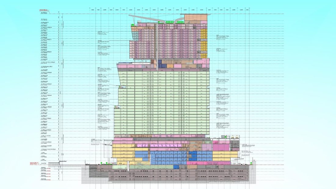 Section through the tower showing retail, office, hotel and sky lounge levels