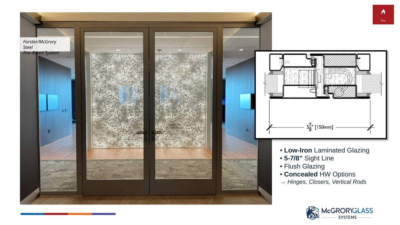 A fire-rated steel system with reduced sightlines and concealed hardware