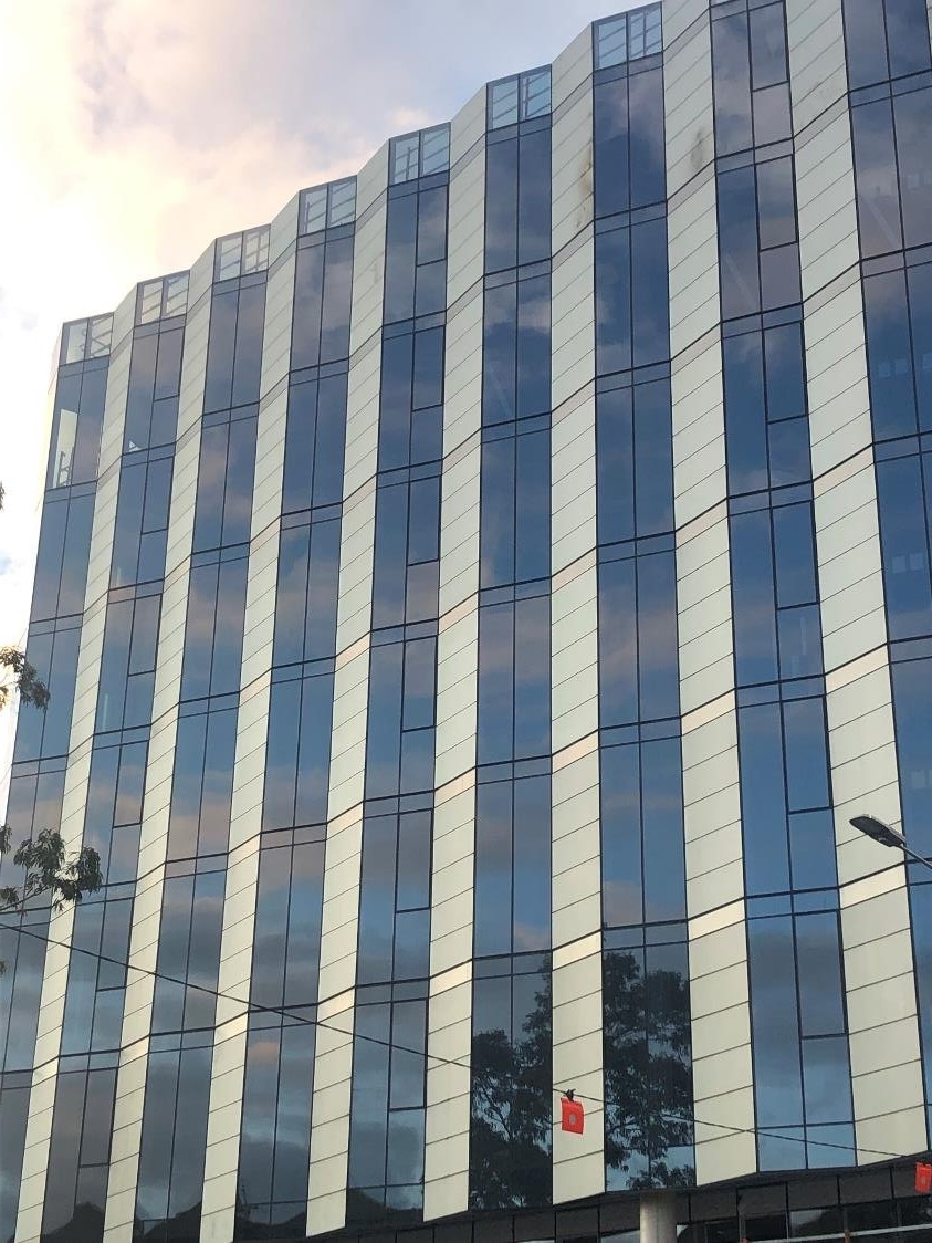 550 Spencer Street, Melbourne. The silver elements of the oscillating facade are photovoltaic panels, supplying 20 to 25 per cent of the building's total energy needs.