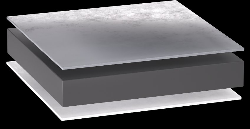 Two skins under tension. Patterson described a continuous bonding of metal skins either side of a thermoplastic core.