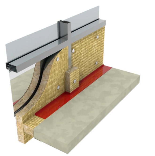 Cutaway of a stonewool perimeter fire barrier at a curtain-wall slab edge