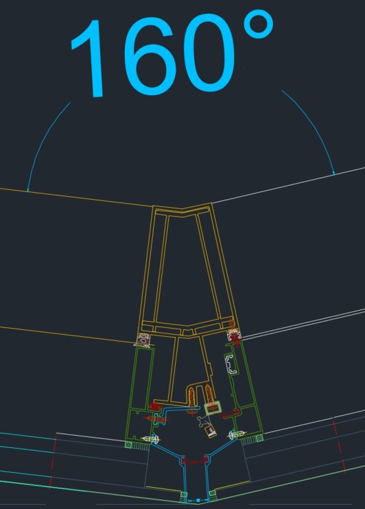 One hundred and sixty degrees. The mullion node drawn for the job, one of three angles the elevation required.
