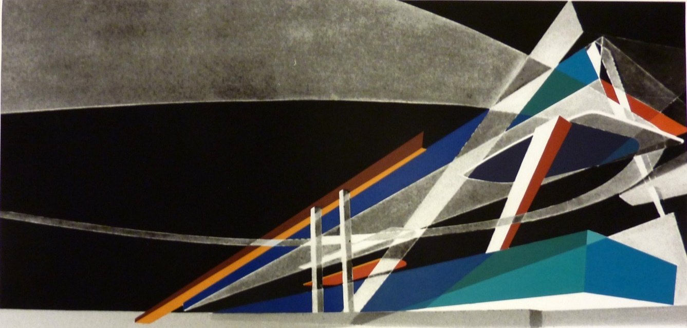 An abstract painting of angled coloured planes and lines floating against a dark ground