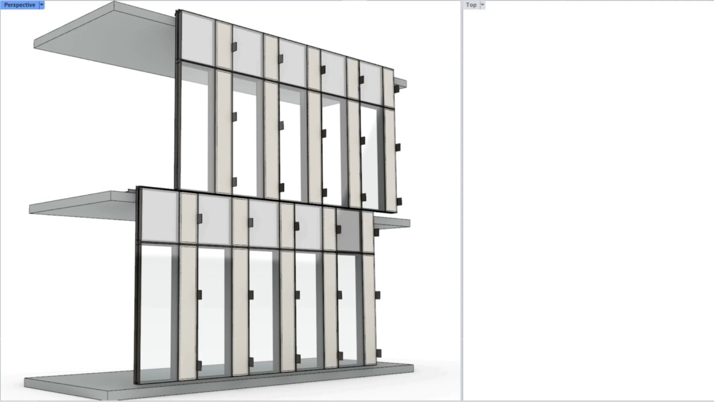 Façade canvas. Mullion depth, panel width, spacing and offsets are edited live, with slab deflection behaviour scripted into the model.