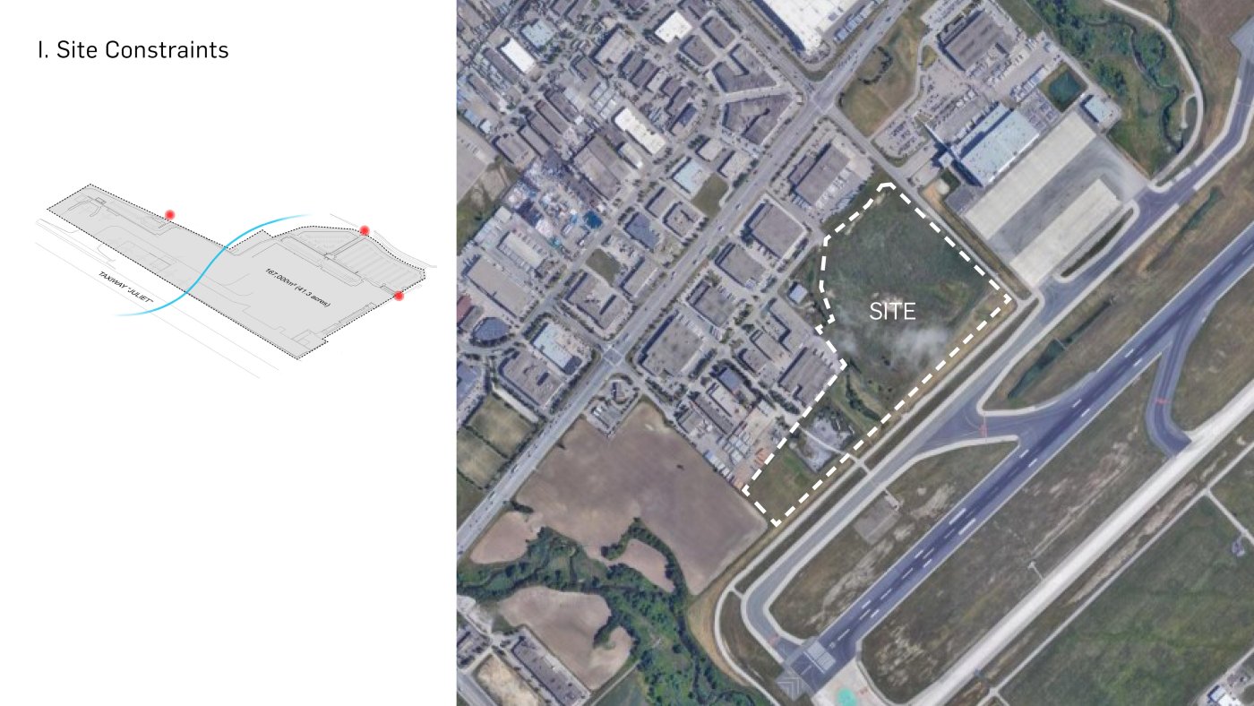 Alongside the runway. Koleva described a site running almost a kilometre along the runway, irregular in shape, with only three points of contact with the roads on the city side.