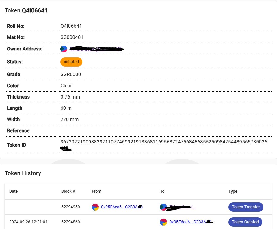 What the token actually carries. Roll and melt number, grade, colour, thickness, length and width, the current owner, and a history showing when the token was created and each time it changed hands.