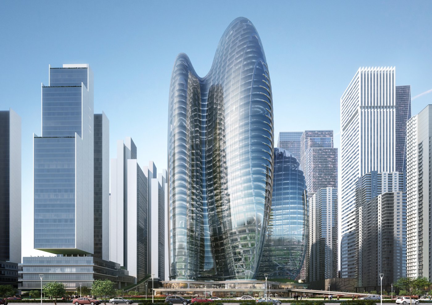 OPPO headquarters, Shenzhen. Under construction to a Zaha Hadid Architects design, with more than 40,000 square metres of 3D curved glass, almost every piece a different geometry.