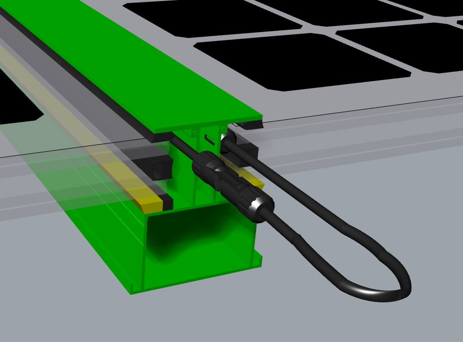 Three trades, one panel. The façade partner has to route the cable inside the frame before the glass goes in, and the electrical partner takes it on to the inverter and the grid.