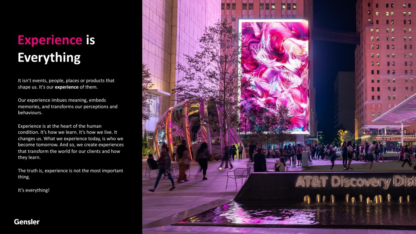 Illuminated media façade and public plaza of a mixed-use district at night