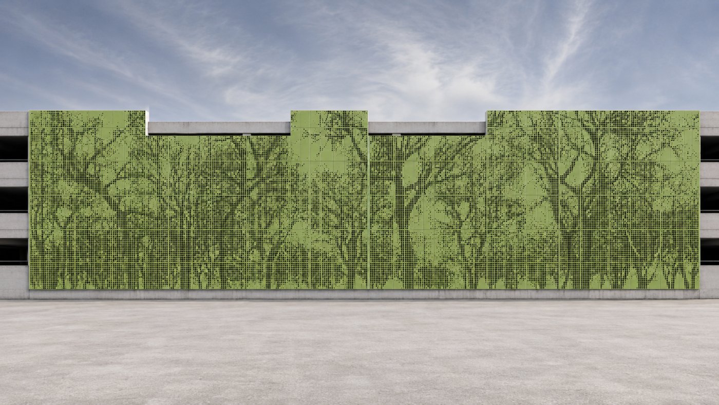 A forest on a parking garage. Seaman said clearly defined trees and limbs sit in the foreground with the forest behind them.