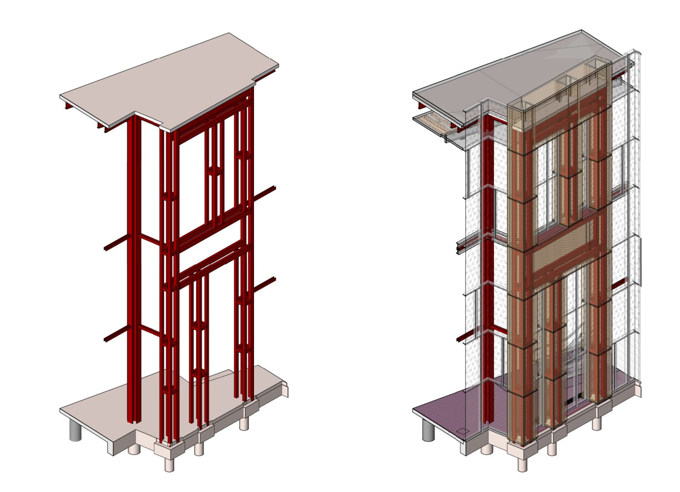 One box instead of many tubes. Gao said MKA proposed a built-up box to carry the brick veneer, which simplified both the manufacturing and the erection.