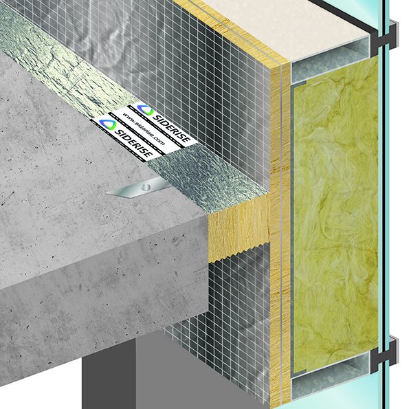 Cutaway of a perimeter fire barrier packed into the gap between floor slab and curtain wall