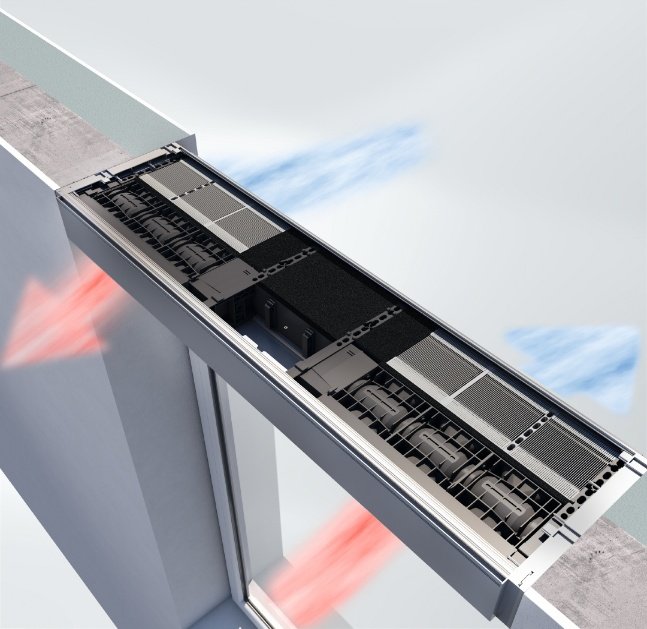 Breathing without opening. The ventilation concept developed with Renson moves air through the facade while keeping hot air out and, with acoustic options, interiors quieter.