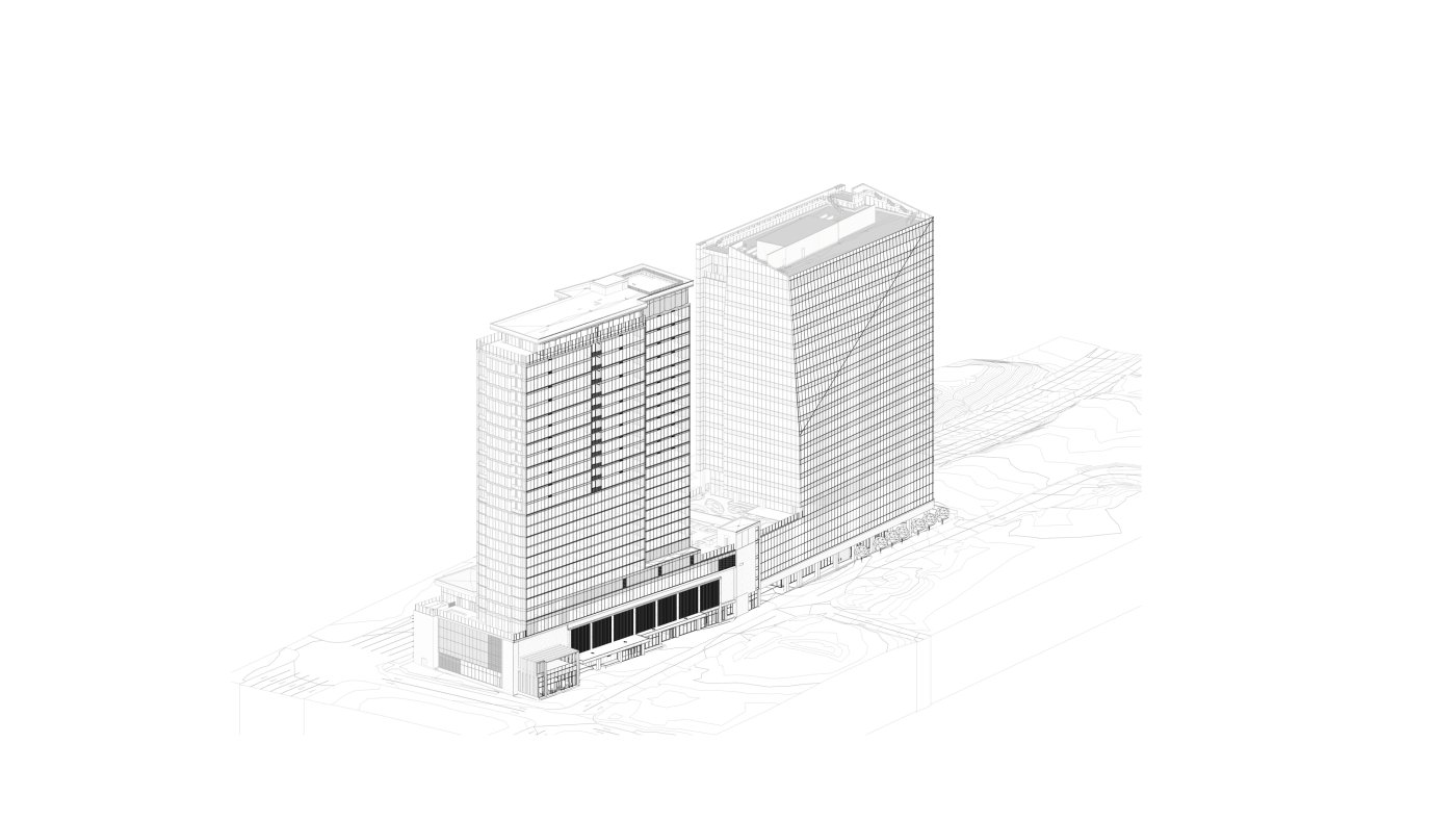 How it comes together. Bennett showed this as the simple Revit isometric of the building once the façade breakdown had been worked through, with the two vertical circulation elements anchoring the long elevation.
