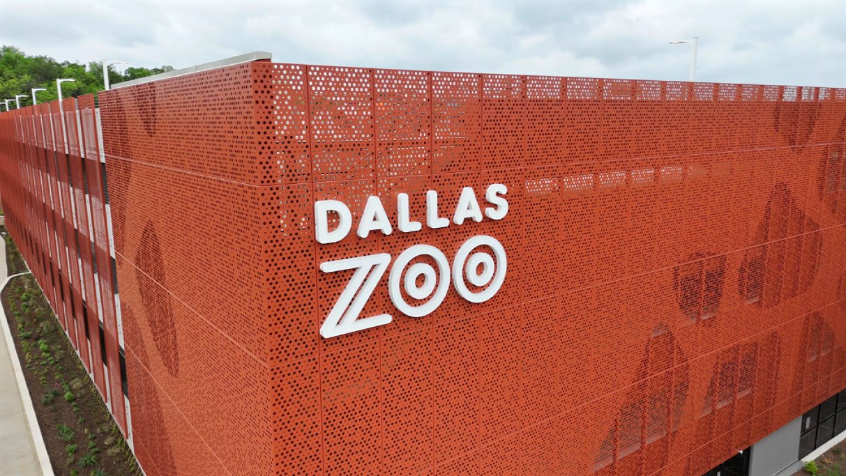 A giraffe pattern, in holes. Seaman said the precast behind was painted to match the orange, and the subframing painted too, as deliberate choices.