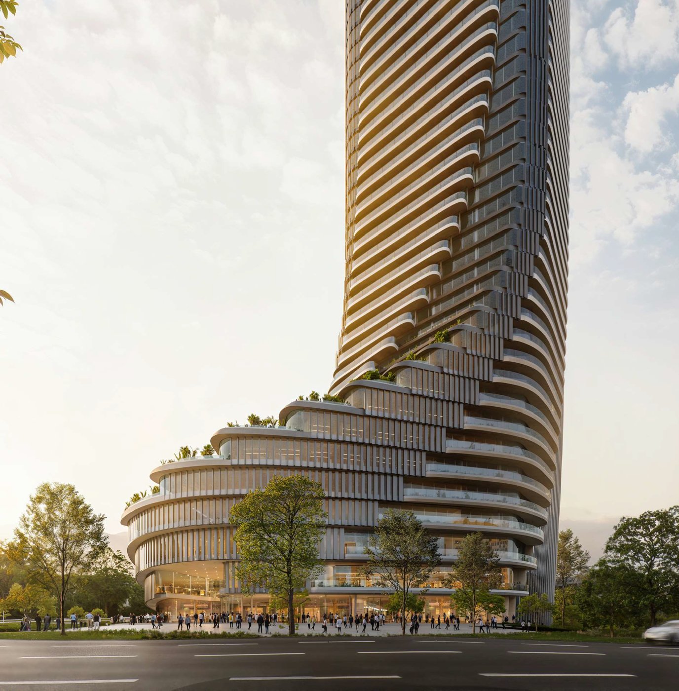 A diagonal that belongs to the design. The opaque panels were introduced for environmental and commercial reasons, Gatto said, but set to repeat the tower's spiralling progression of lines.