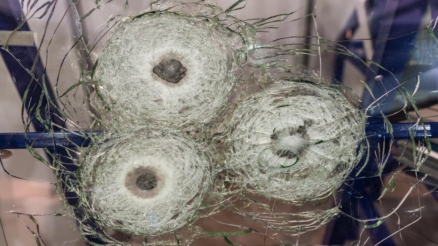 Impact-test samples showing broken glass held by the interlayer