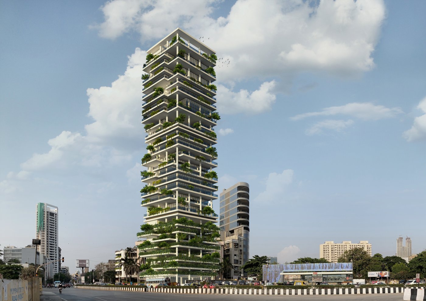 A tower shaped by its gardens. Terraces carved from the permitted envelope cascade down the facade, breaking down the scale of the block.