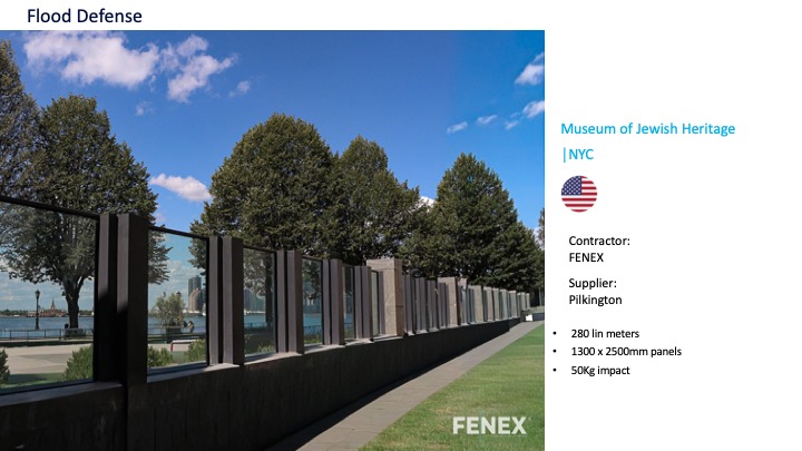 The Museum of Jewish Heritage in Battery Park behind a glass flood barrier