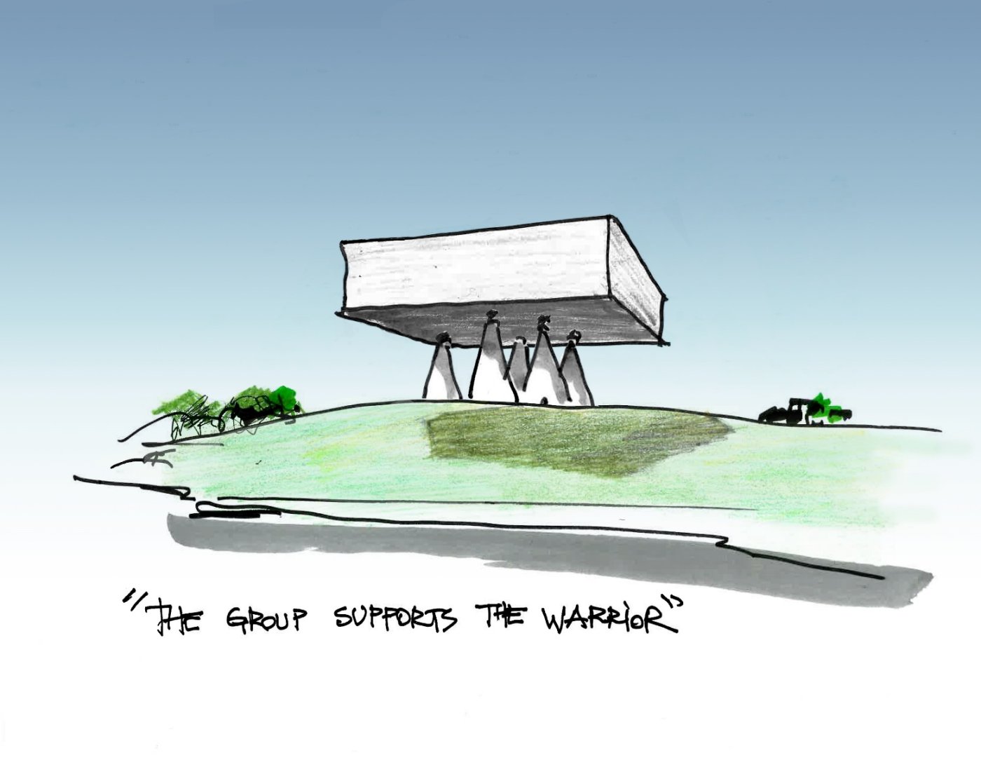 Five columns, five branches. Fogleman said the competition-winning concept was a heavy block representing the burden recipients carry, held on columns standing for the branches of the military.