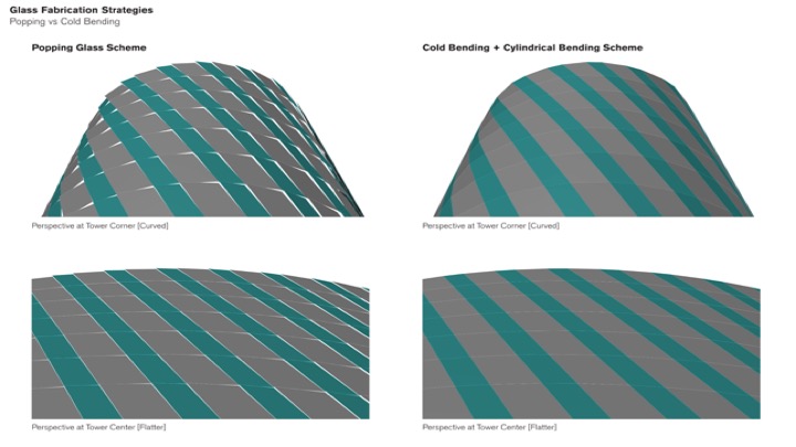 Three ways to wrap a curve. Triangulation, flat panels that pop, and cold bending were all compared; cold bending held the design intent, produced faster, performed better thermally and cost less.