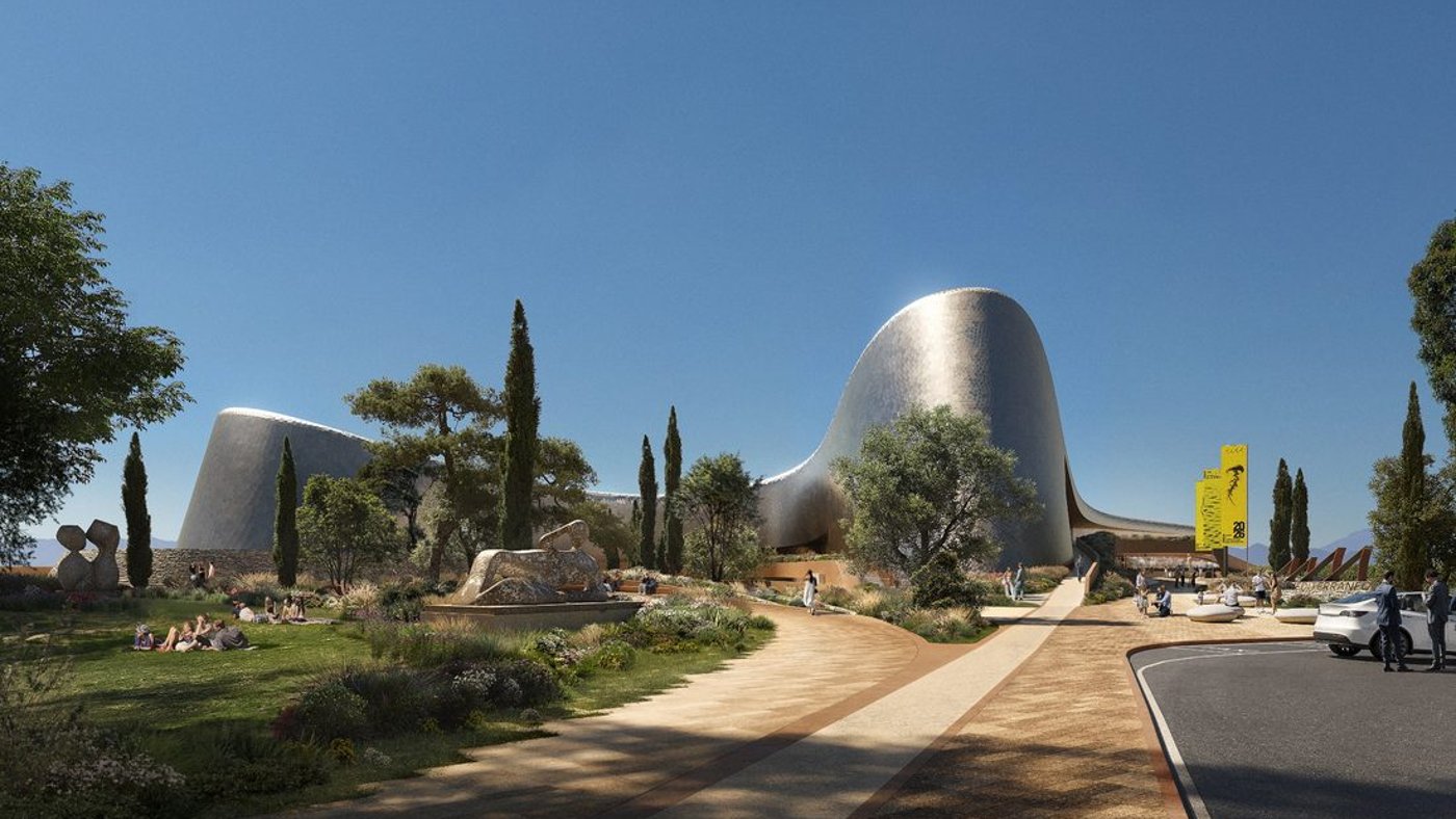 Render dell’involucro fluido del museo affacciato sul mare