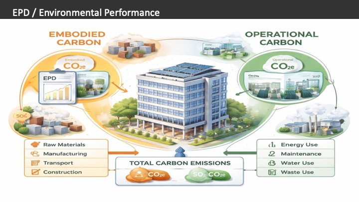 Environmental Product Declarations (EPDs) provide a Comprehensive view of a building’s carbon footprint, covering both embodied carbon from materials and construction and operational carbon from energy and building use.