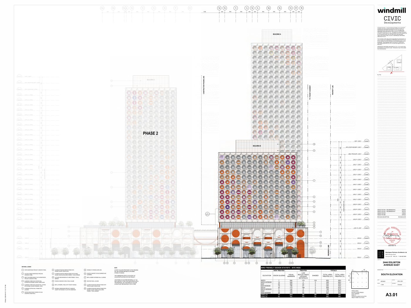 Colour, applied and morphing. The play is in the colour and in a 250-millimetre depth range, worked through a parametric model against sun and shadow up the elevation.