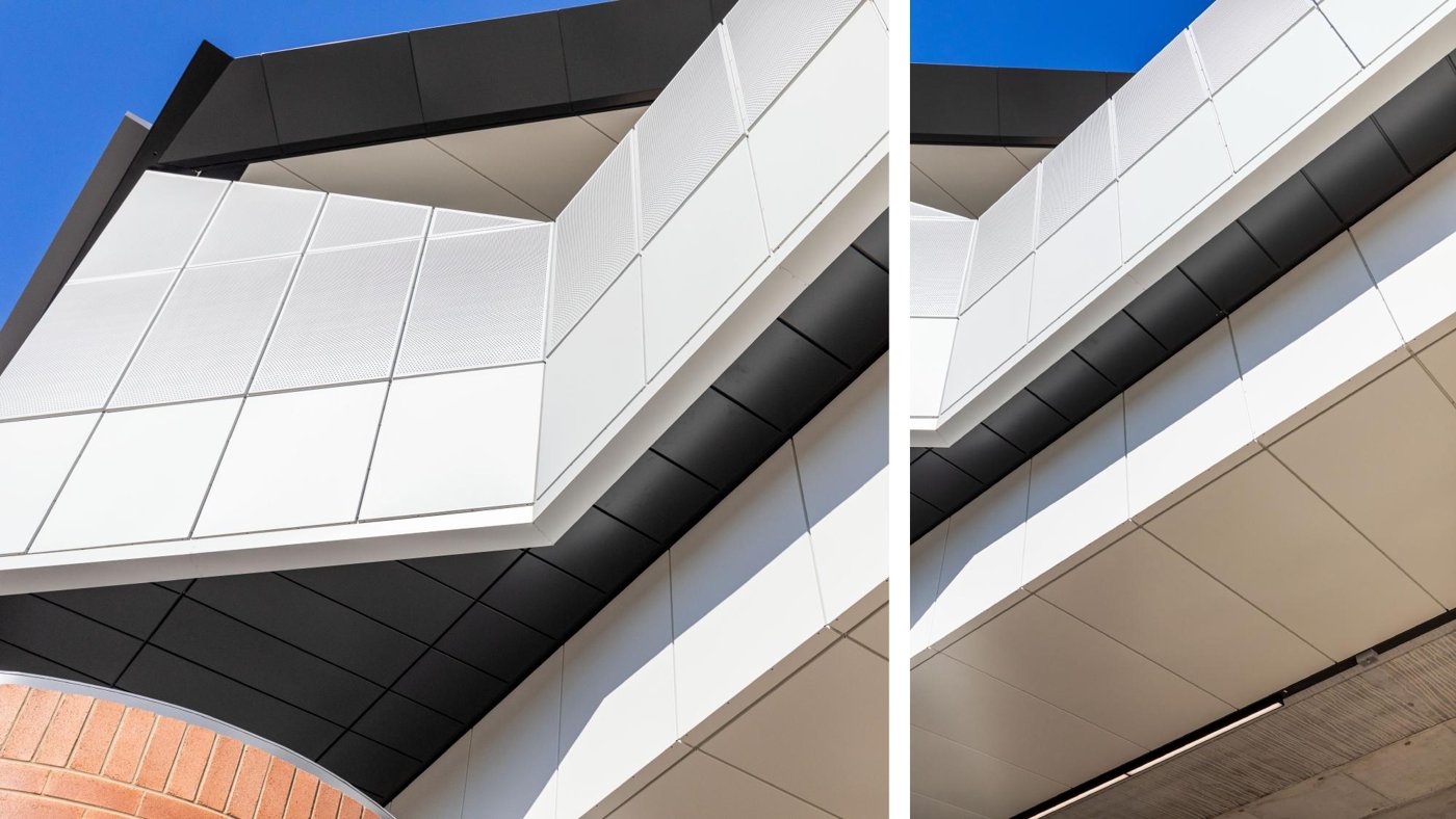 Close-up of crisp, repeatable folded steel façade panels