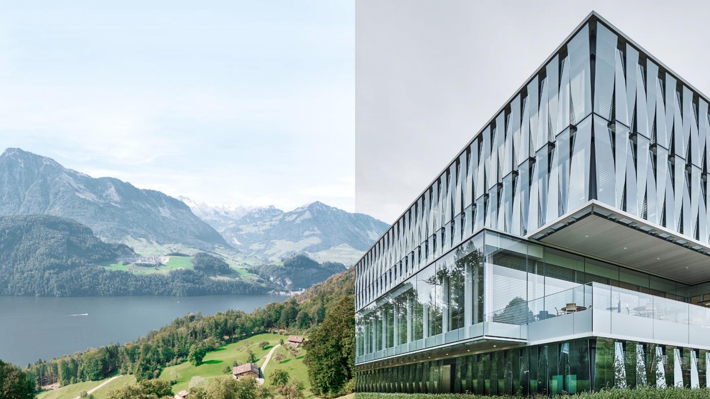 Lakeside building in mountains