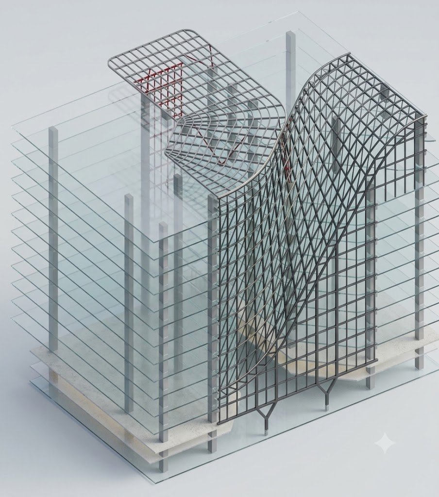Structural wireframe model of an inclined, double-curved façade