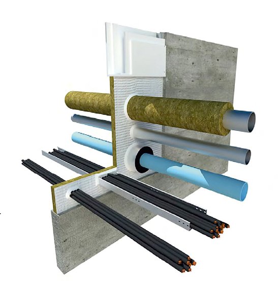 3D cutaway of services penetrating a floor slab, firestopped with stonewool