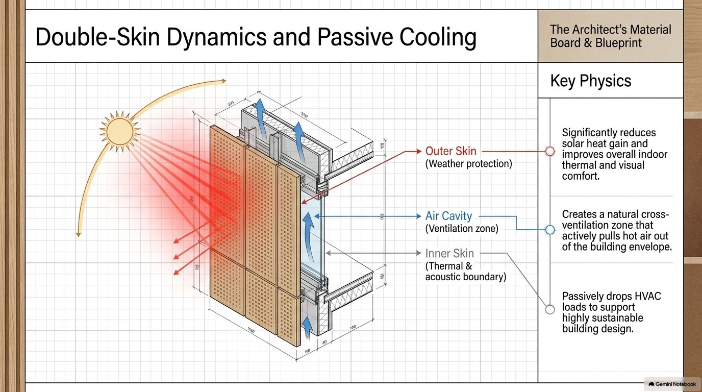 Open top and bottom. The skin stands off the wall so air moves through the cavity continuously, carrying heat out in summer and holding it in through winter.